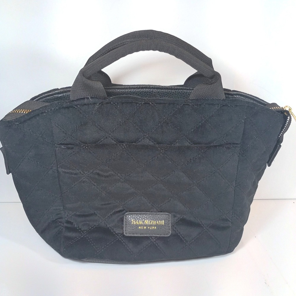 Isaac Mizrahi New York Quilted Velvet Tote Bag Black Pink Lining Gold Hardware